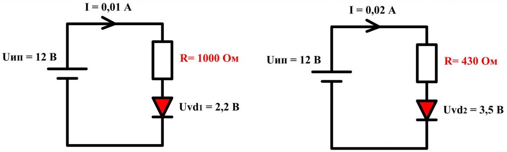 Схема соединения светодиода с резистором