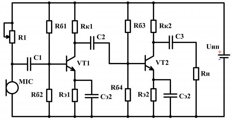 Простая схема микрофонного усилителя на одном транзисторе