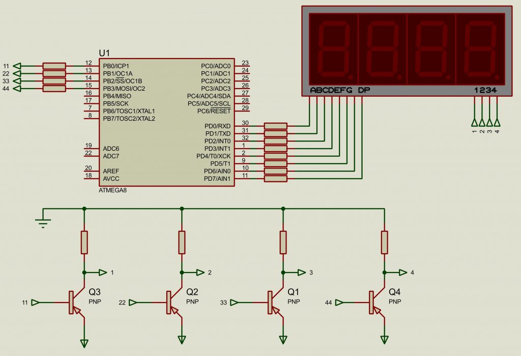 Динамическая индикация с общим анодом Схема подключения к микроконтроллеру AVR ATmega8
